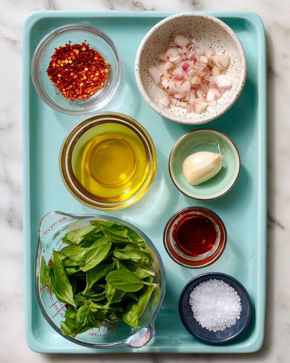 A light blue rectangular tray holds seven small bowls with different ingredients arranged neatly. Starting from the top left, a small clear glass bowl contains red pepper flakes with a bright red and orange color. To the right, a round speckled light gray bowl has chopped shallots in pale pink and white. Below the red pepper flakes, a medium-sized clear bowl holds golden yellow olive oil. Next to it on the right, a small pastel green bowl contains one peeled garlic clove in off-white. Below the garlic, a small clear container is filled with red wine vinegar in a deep amber shade. On the left bottom side, a large clear glass measuring cup is filled with fresh bright green basil leaves. Finally, at the bottom right, there is a small dark blue bowl with coarse white salt. The tray is placed on a white marbled surface. Photo taken with an iphone --ar 4:5 --v 7