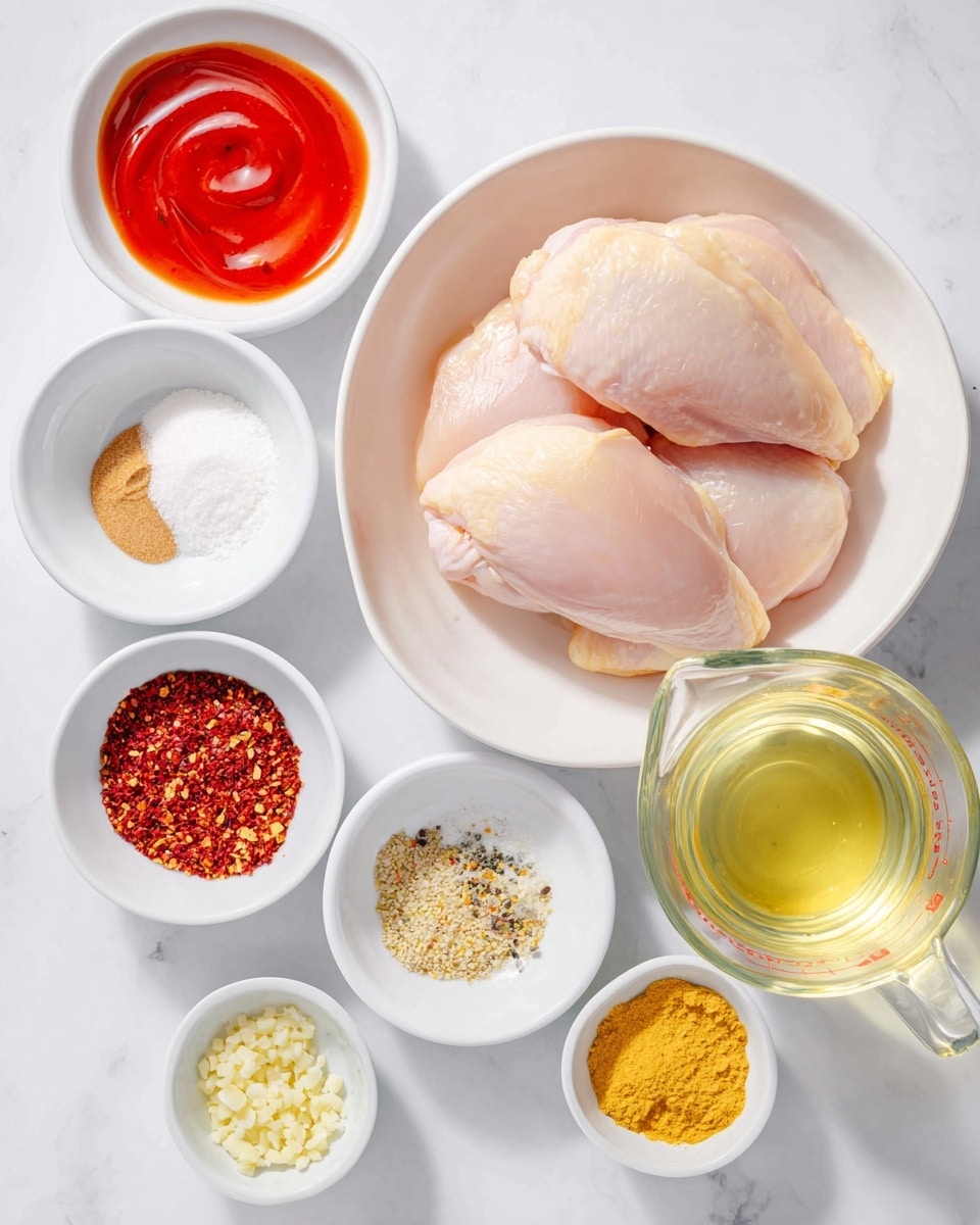 The image shows three raw chicken pieces with a smooth pale pink surface, placed together inside a white round bowl. To the right of the bowl, there is a clear glass measuring cup filled with light yellow liquid. Surrounding these main items are small white bowls and dishes containing various ingredients: one bowl has bright red sauce with a smooth texture swirled in the center, another has a white powder, one holds brown sugar mixed with red chili flakes, a small white bowl contains a golden yellow thick paste, another bowl shows a mix of yellow and black seasoning, and another contains finely minced light yellow garlic. All items are arranged on a white marbled surface with soft light, giving an organized and clean look. photo taken with an iphone --ar 4:5 --v 7
