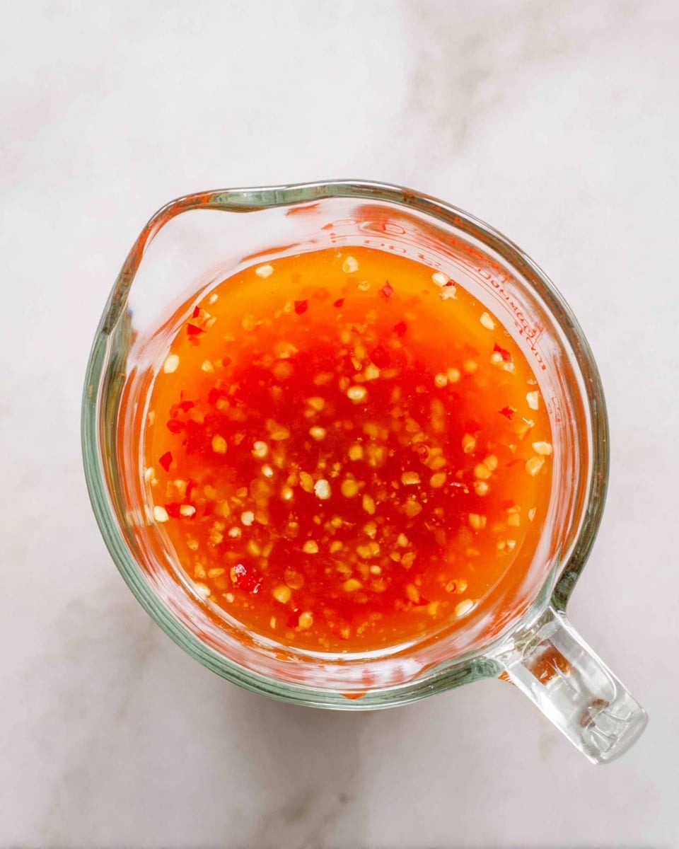 A clear glass measuring cup sits on a white marbled surface, filled with a bright orange liquid sauce speckled with small white and yellow pieces, along with tiny red flakes evenly spread throughout. The sauce has a slightly thick texture with visible bits of ingredients floating inside, creating a colorful and textured appearance. The light reflects off the glass and sauce surface, highlighting the small details within the mixture. photo taken with an iphone --ar 4:5 --v 7