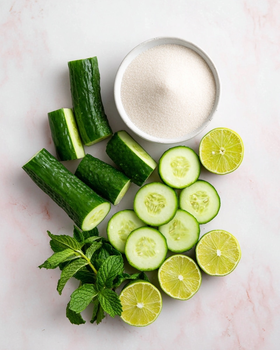 A white round bowl filled with granulated sugar is placed near the top center of the image on a white marbled surface. Surrounding the bowl are several cut pieces of green cucumber with smooth skin, showing light green flesh and seeds inside. Alongside the cucumber pieces are several halved limes, revealing bright green and yellow juicy interiors. At the bottom left, there is a small bunch of fresh green mint leaves with visible veins and texture. The arrangement is bright and fresh, with natural colors and no shadows, photo taken with an iphone --ar 4:5 --v 7