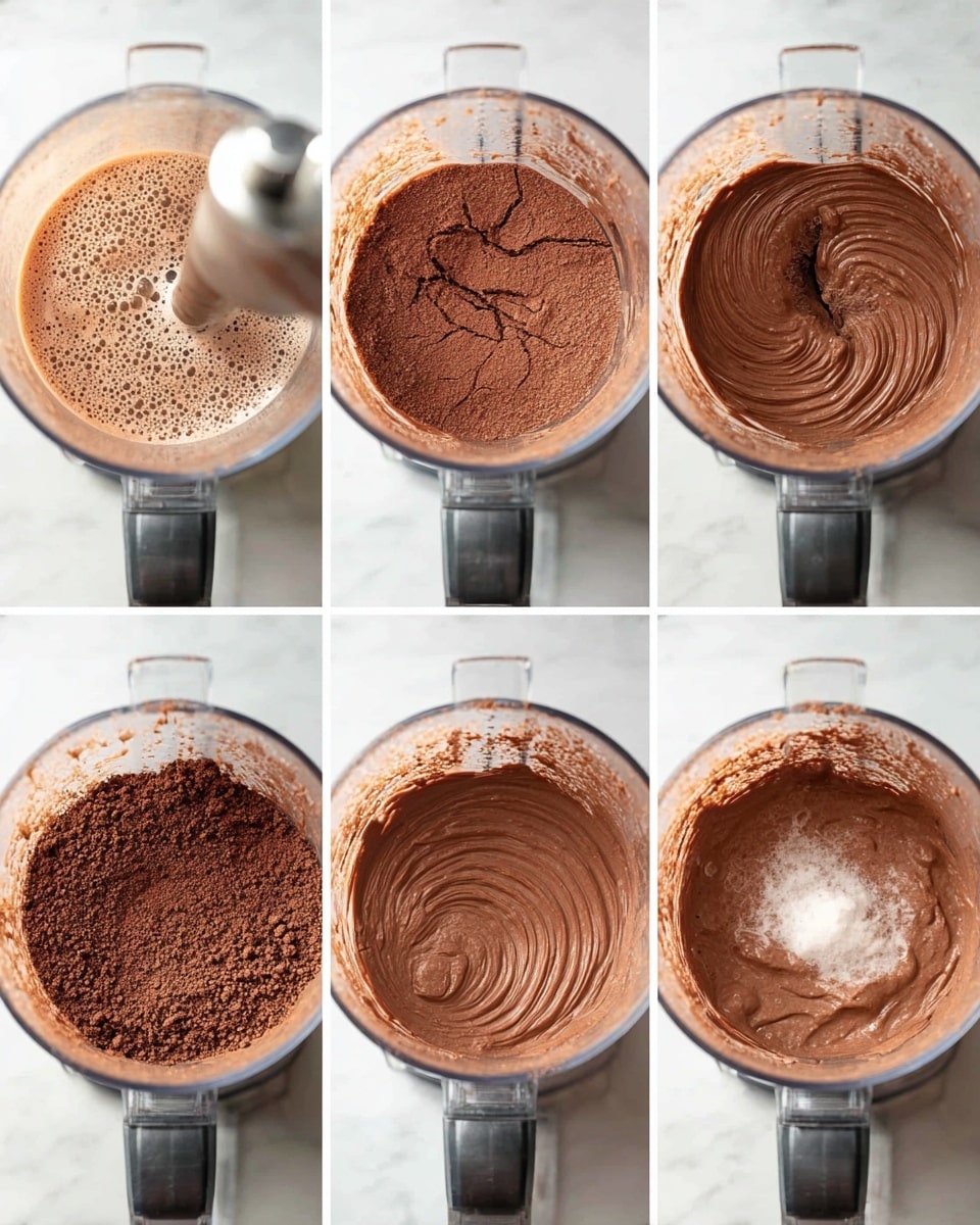 The image shows six close-up shots of a chocolate mixture in a clear blender container on a white marbled texture. The first layer shows a light brown, frothy chocolate liquid being blended with a metal stick inside the blender. The second layer shows a smooth chocolate surface with a crack at the center. The third and fourth layers capture a coarse, grainy chocolate powder texture with the fourth image including white liquid being poured in the middle. The fifth image shows the blender container attached to the base with the mixture having a bubbly, airy appearance. The last layer reveals a creamy, thick chocolate paste with spiral patterns inside the blender container. photo taken with an iphone --ar 4:5 --v 7