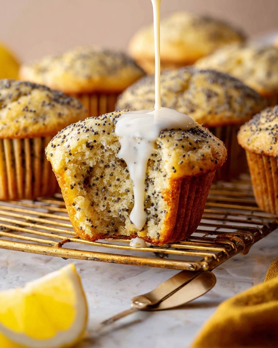 A close-up of a small muffin with a light golden outer layer filled with many black poppy seeds, placed on a golden wire rack with other similar muffins around it. The front muffin has a bite taken out, showing a soft, moist inside speckled with poppy seeds. A thick white glaze is being poured slowly from above, started to drip down the sides of the muffin. Part of a sliced lemon sits on the bottom left corner on a white marbled surface. A metal measuring cup is visible on the right side, next to the rack. The scene has a soft warm light and a slightly blurred background, with a textured mustard-colored cloth beneath. photo taken with an iphone --ar 4:5 --v 7