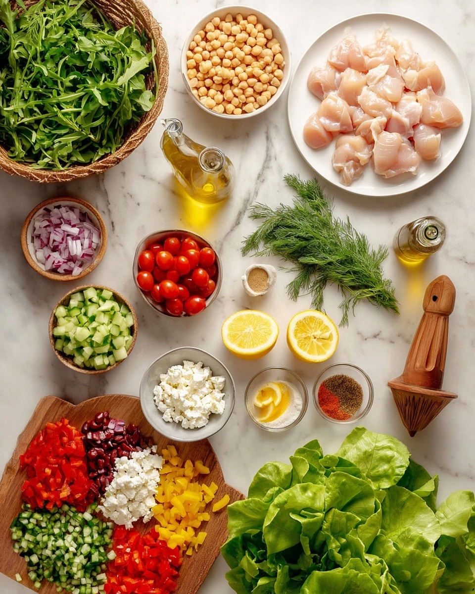 The image shows an assortment of fresh ingredients for a meal arranged on a white marbled surface. At the top right, a white plate holds raw, pale pink chicken pieces. To the right of the plate, fresh green dill rests beside a wooden citrus juicer. Below the juicer, a white colander contains light beige chickpeas. In the lower right, large green leafy lettuce fills the corner, and nearby sprigs of bright green cilantro add color. On the bottom left, a wooden board displays finely chopped vegetables in five rows: dark red chopped onions, bright red halved cherry tomatoes, light green diced cucumbers, and finely chopped red bell peppers. Above the board, two halved yellow lemons sit. In the center, a small wooden bowl of crumbled white cheese is positioned next to a round wooden plate with six spices in small piles showing colors of light brown, dark brown, greenish, white, orange-red, and pale yellow. Next to the cheese bowl is a small wooden bowl of sliced yellow peppers, with a glass bottle of light yellow oil above. To the left, a large brown basket holds fresh arugula with deep green leaves. Small bowls with creamy sauce and dark liquid complete the display. photo taken with an iphone --ar 4:5 --v 7