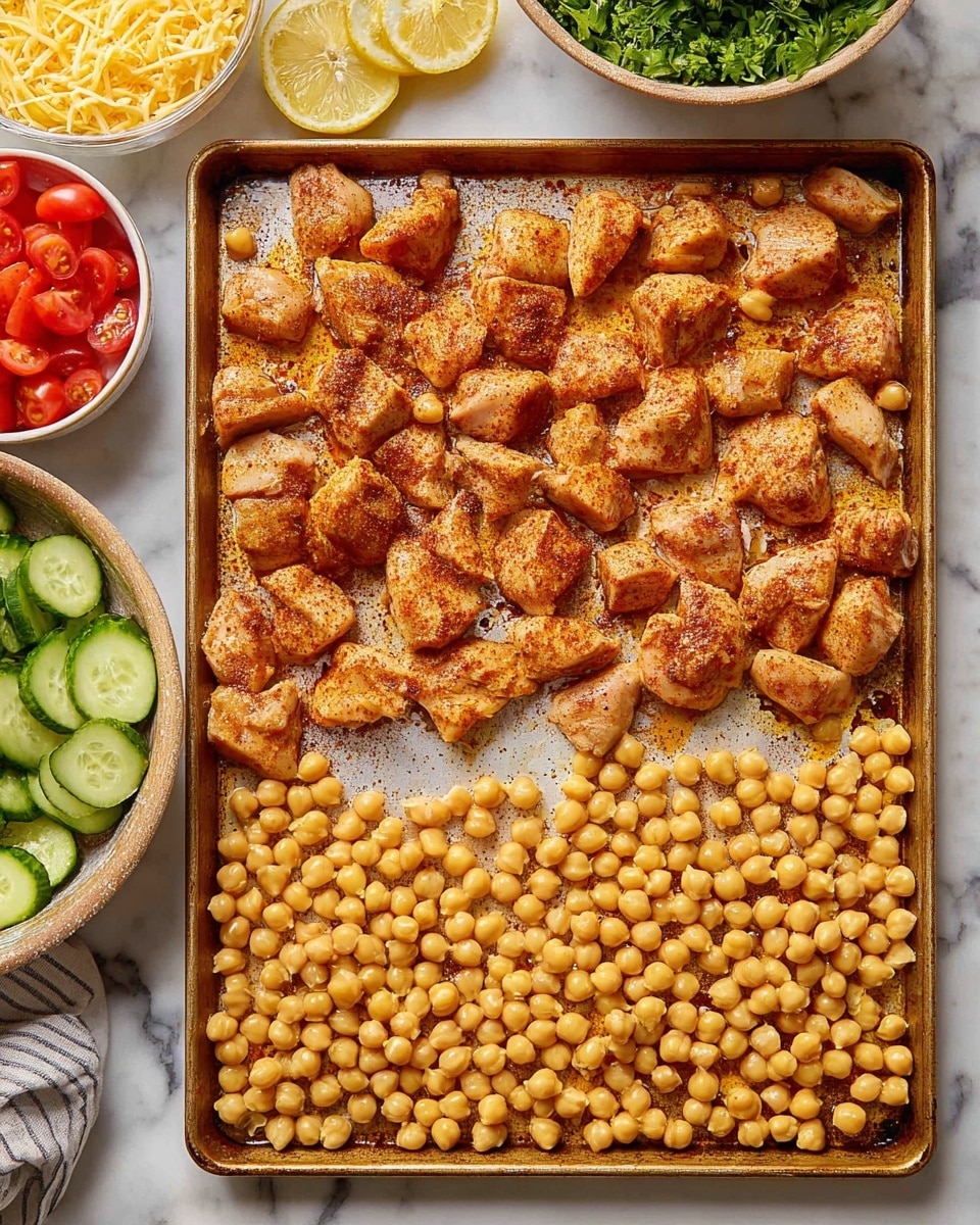 A rectangular baking tray filled with two main layers: the top layer shows chunks of raw chicken pieces seasoned with a reddish-brown spice mix, spread evenly across the upper two-thirds of the tray; the bottom layer contains light golden chickpeas scattered densely on the lower third of the tray. The tray is placed on a white marbled surface with bowls of shredded yellow cheese and lemon wedges above it, and chopped fresh veggies including cucumbers, tomatoes, and greens on the side. photo taken with an iphone --ar 4:5 --v 7