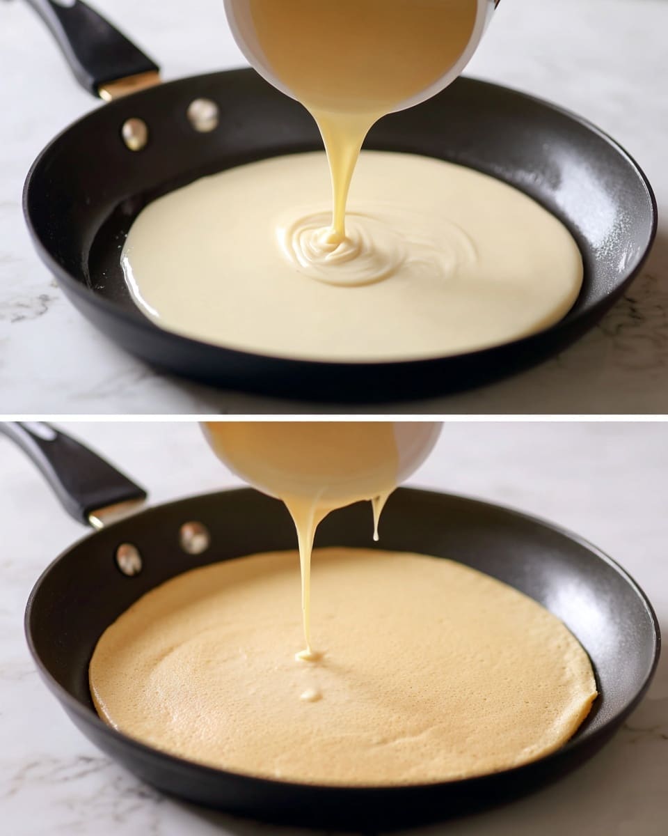 The image shows two side-by-side close-up views of a thin, light beige batter being poured from a small white cup into a black frying pan, spreading smoothly in a round shape; the batter layer is even and shiny, with a slightly liquid texture as it begins to cook. The second part shows the batter evenly spread in the pan with a smooth, glossy surface and soft edges, still light beige in color. The background is a white marbled texture. Photo taken with an iphone --ar 4:5 --v 7