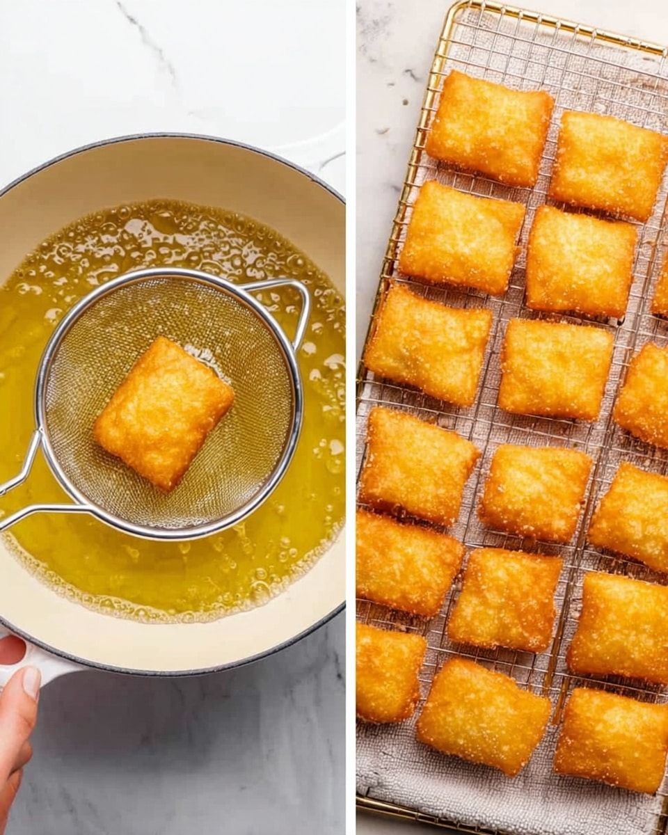 The image shows two scenes side by side. On the left, a white pot with hot oil contains a golden-brown square piece of fried dough held by a woman's hand using a round wire skimmer. The oil bubbles gently around the dough, showing a shiny, crispy texture. On the right, many golden-brown square fried dough pieces are arranged in rows on a wire rack placed on a white marbled surface, all evenly cooked with a slightly puffed and crunchy look. photo taken with an iphone --ar 4:5 --v 7