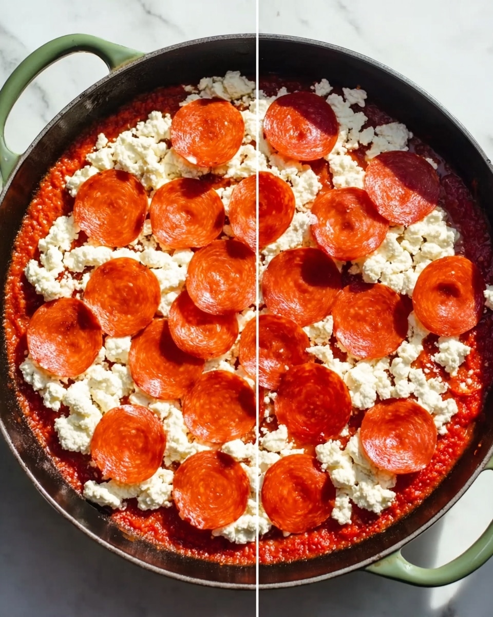The image shows a round black pan with green handles on a white marbled surface. Inside the pan, there is a thick layer of bright red tomato sauce covering the bottom. On top of the sauce, there are uneven dollops of white soft cheese scattered across the surface. In the next step, another layer is added with many round, shiny slices of bright orange pepperoni covering the cheese and sauce below evenly. The photo is taken with an iphone --ar 4:5 --v 7