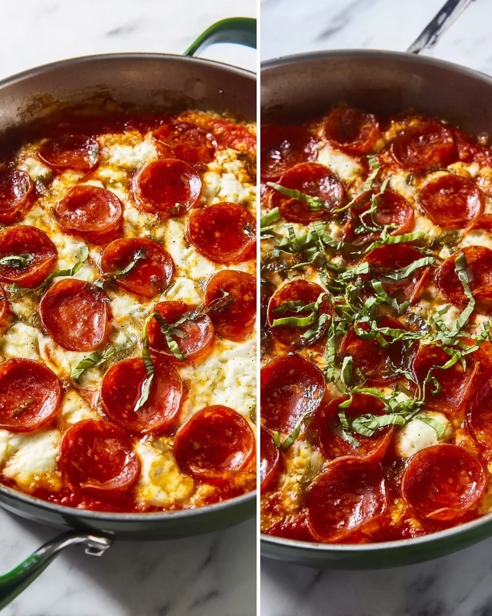 The image shows two round skillets filled with a layered pepperoni pizza dish on a white marbled surface. Each skillet has a base of red tomato sauce layered evenly at the bottom. On top is melted white cheese with a soft, slightly bubbly texture spread throughout. Generous slices of shiny, reddish-brown pepperoni cover the cheese, arranged in overlapping circles. The second skillet adds a layer of thin green basil strips scattered on top of the pepperoni, adding fresh color contrast. Both skillets have green handles, and the lighting highlights the glossy textures of the sauce and pepperoni. photo taken with an iphone --ar 4:5 --v 7